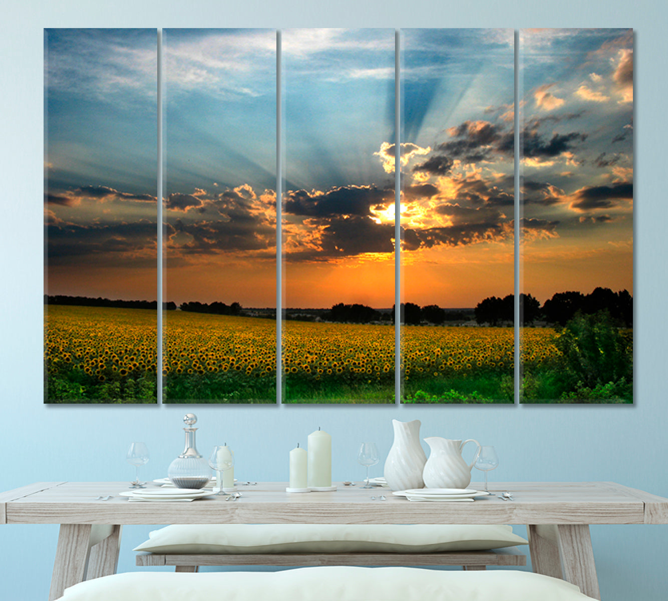 Colorful Sunset Sun Rays Amazing Field of Sunflowers Landscape Scenery Landscape Fine Art Print Artesty 5 panels 36" x 24" 