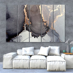 Abstract Fluid Gray Gold Ocean Water Splatter Alcohol Ink Clouds Fluid Art, Oriental Marbling Canvas Print Artesty 5 panels 36" x 24" 