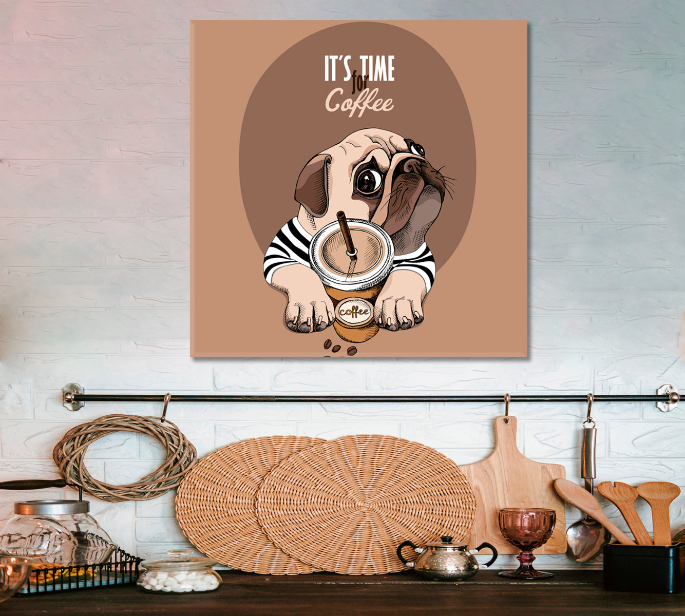 IT'S TIME FOR COFFEE Pug Dog & Cup of a Coffee Funny Animals Canvas Print - Square Panel Animals Canvas Print Artesty   