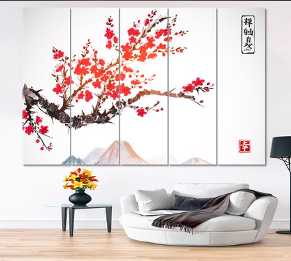 Oriental Style Mountains Sakura Japanese Cherry Bloom Trees Asian Style Canvas Print Wall Art Artesty   