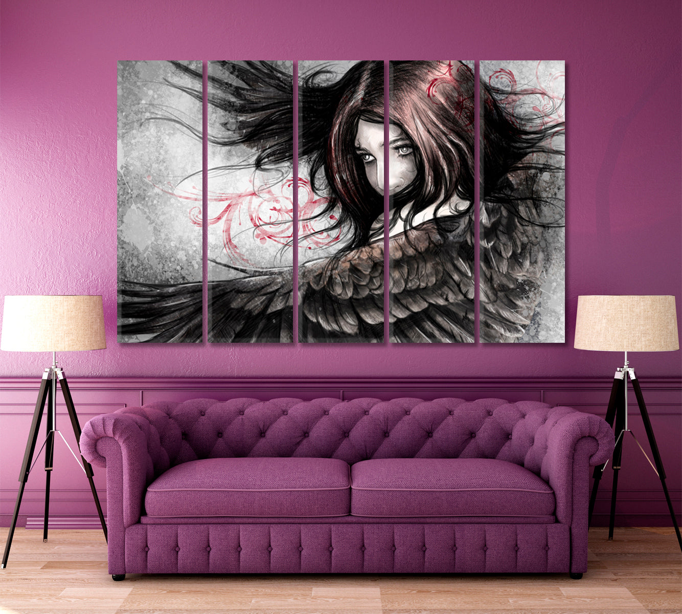 BEAUTIFUL ANGEL Girl with Eagle Wings Fantasy Concept TV, Cartoons Wall Art Canvas Artesty 5 panels 36" x 24" 