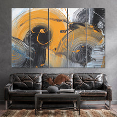 Black Grey White Yellow Colors Brushstrokes Abstract Trendy Style Contemporary Art Artesty 5 panels 36" x 24" 