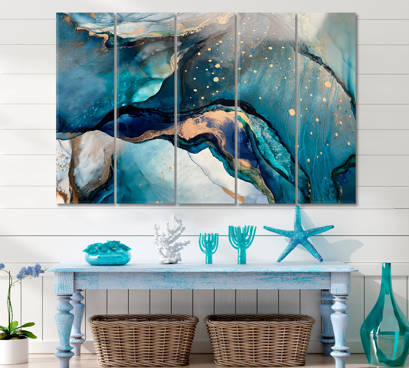 EMERALD SEA WAVES Marble Stunning Turquoise Light Blue Abstract Fluid Art, Oriental Marbling Canvas Print Artesty 5 panels 36" x 24" 