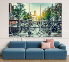 Bicycle Canal Bridge Amsterdam City Netherlands Old Streets Cities Wall Art Artesty 5 panels 36" x 24" 