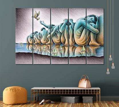 Man Fragility and Freedom Concept Surreal Artwork Contemporary Art Artesty 5 panels 36" x 24" 