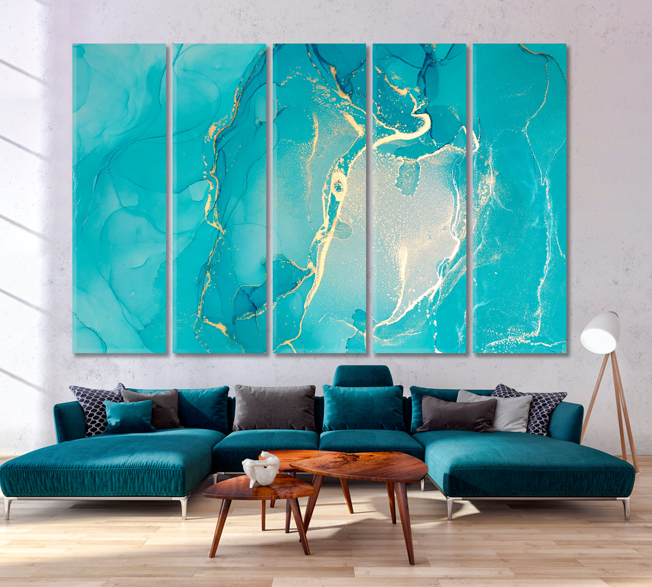 Bright Sky Blue Abstract Marble Veines Fluid Art, Oriental Marbling Canvas Print Artesty 5 panels 36" x 24" 