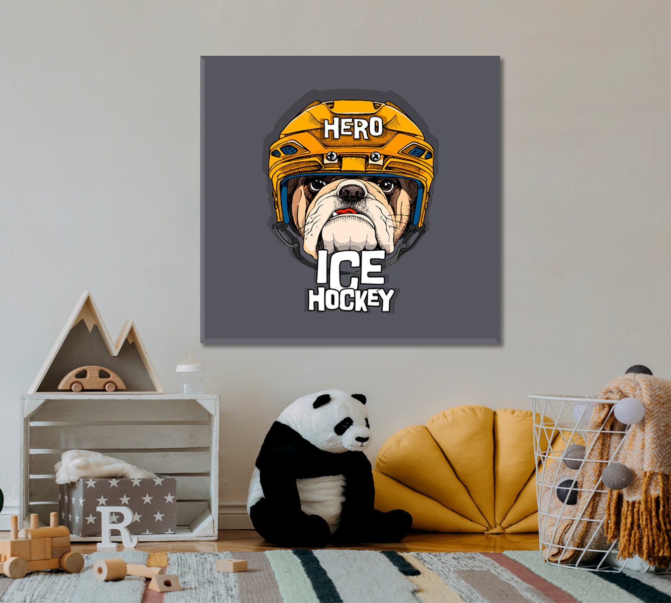 Bulldog In Yellow Ice Hockey Helmet Poster Animals Canvas Print Artesty 1 Panel 12"x12" 