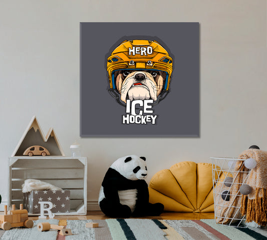 Bulldog In Yellow Ice Hockey Helmet Poster Animals Canvas Print Artesty 1 Panel 12"x12" 