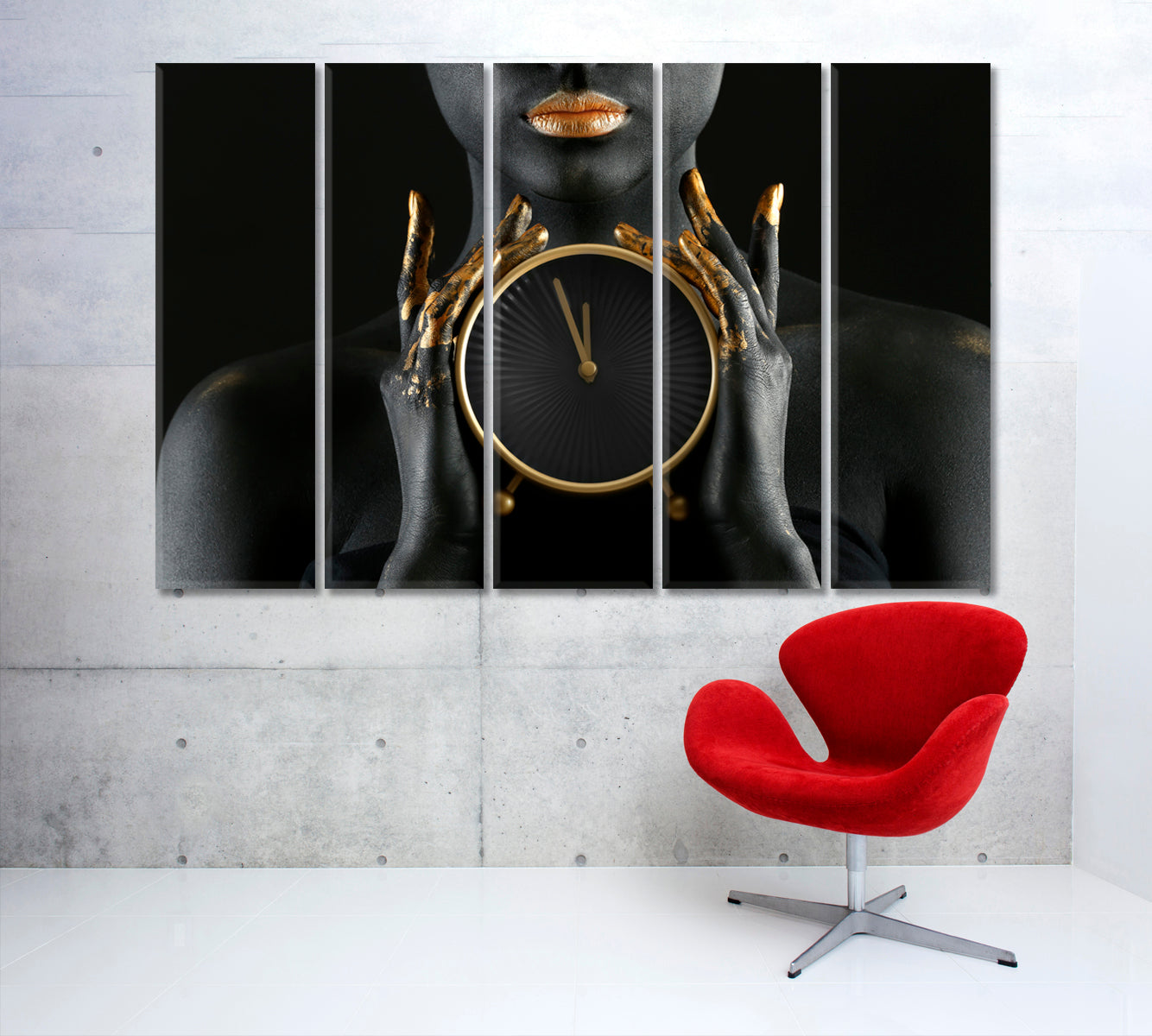 TIME FOR BEAUTY Beautiful Woman & Clock Black Gold Paint Beauty Salon Artwork Prints Artesty 5 panels 36" x 24" 