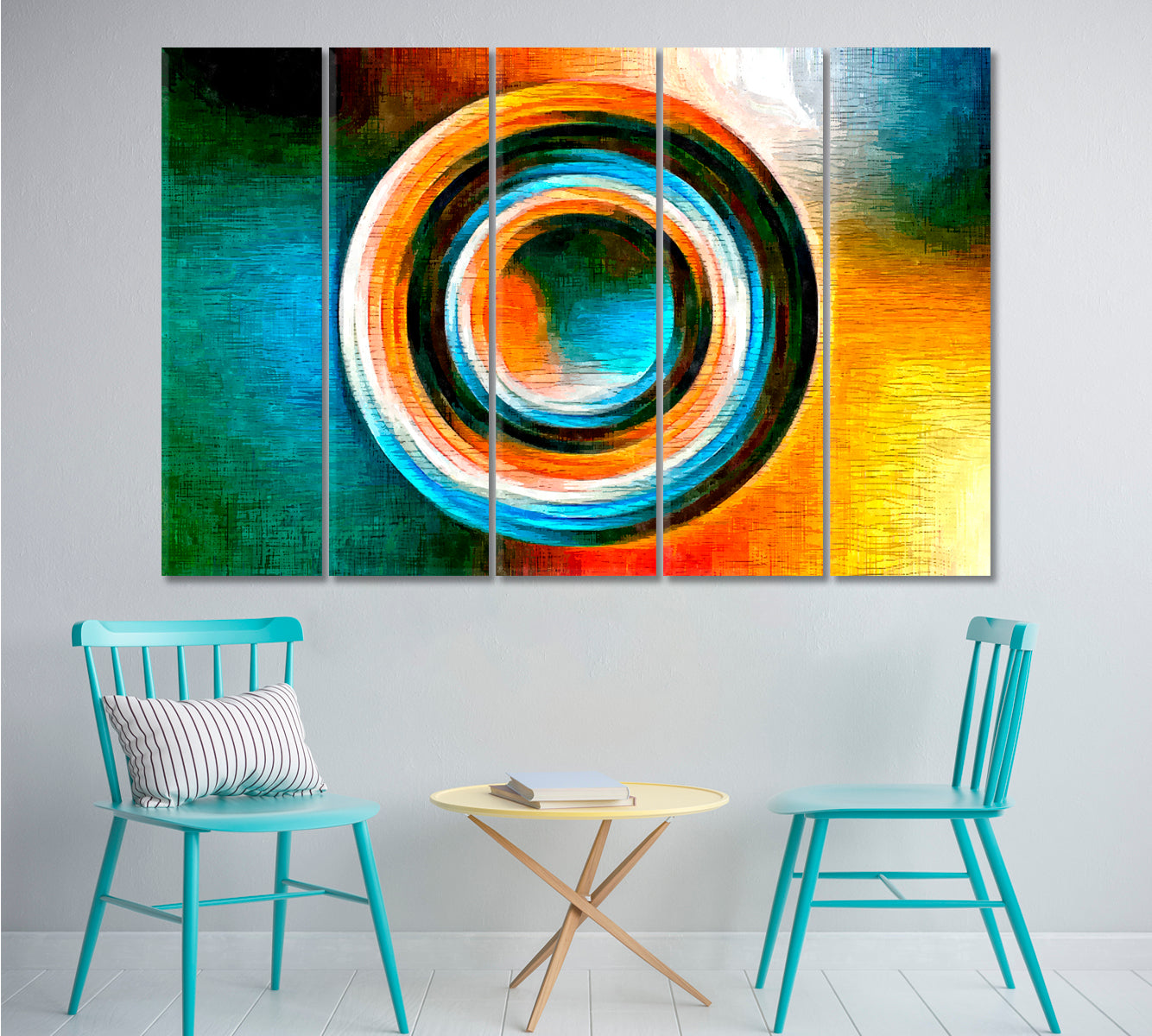 Colored Circle Focal Point Turquoise Orange Geometric Shape Modernism Abstract Art Print Artesty 5 panels 36" x 24" 