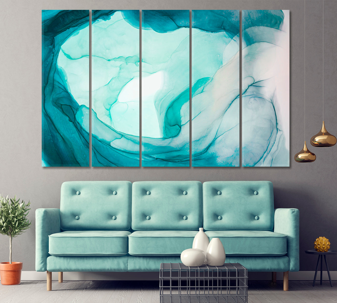 Marble Emerald Alcohol Ink Tidewater Aquamarine Green Ocean Waves Fluid Art, Oriental Marbling Canvas Print Artesty 5 panels 36" x 24" 