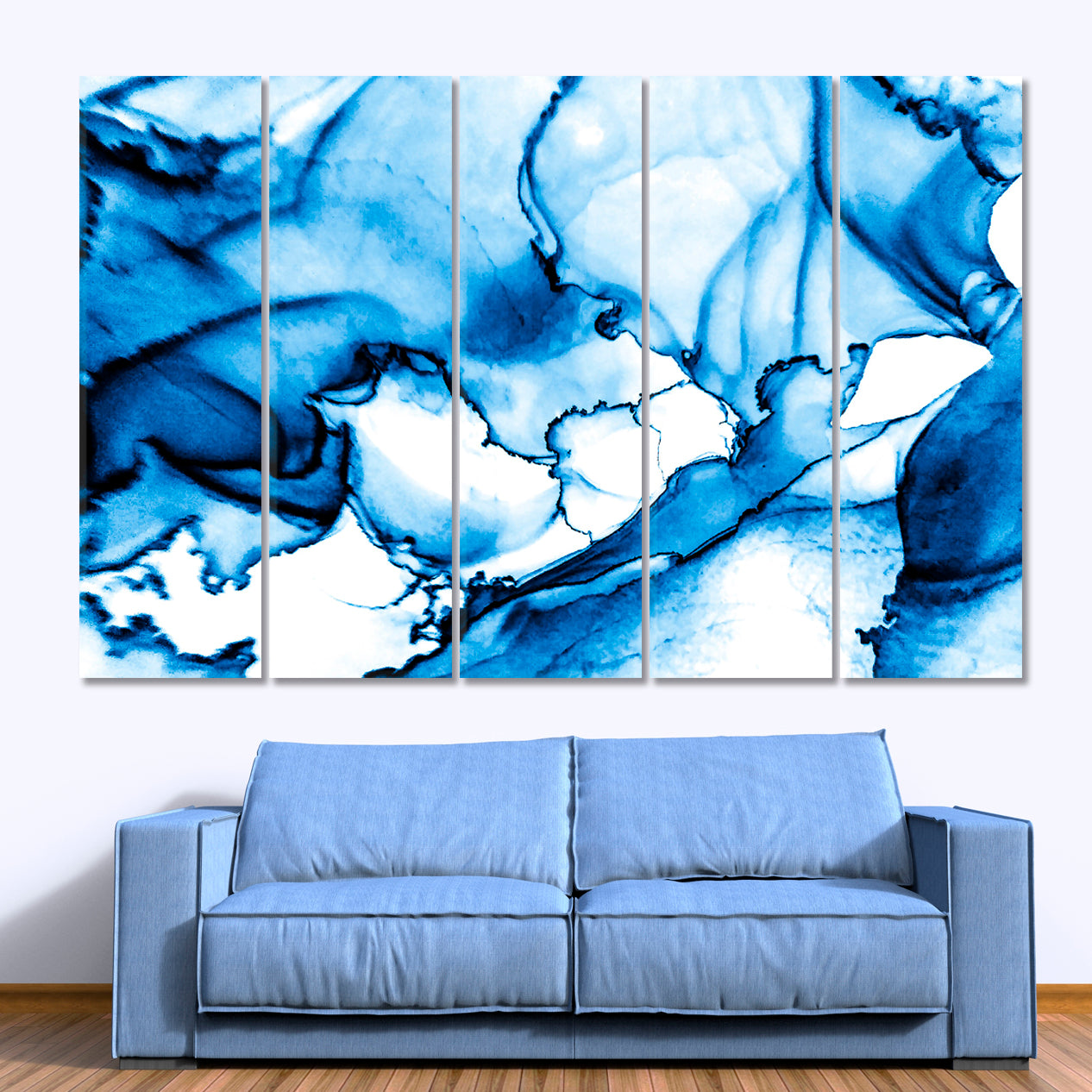 Alcohol Ink Smears Clouds Macro Indigo Blue Marble Winter Tones Fluid Art, Oriental Marbling Canvas Print Artesty   