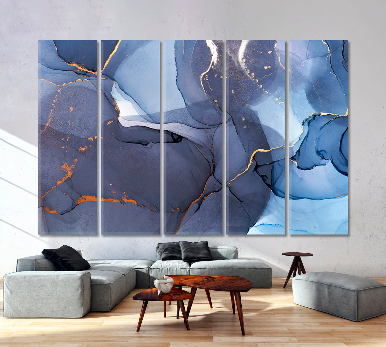 Abstract Blue Modern Marble Ink Fluid Art, Oriental Marbling Canvas Print Artesty 5 panels 36" x 24" 