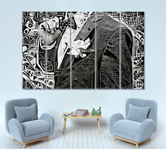 Man Jacket Bow Abstract Geometric Modern Cubism Futurism Black and White Wall Art Print Artesty 5 panels 36" x 24" 