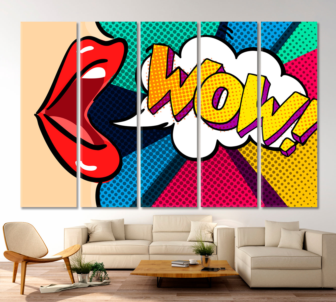 WOW Open Mouth Comic Retro Pop Art Style Pop Art Canvas Print Artesty 5 panels 36" x 24" 