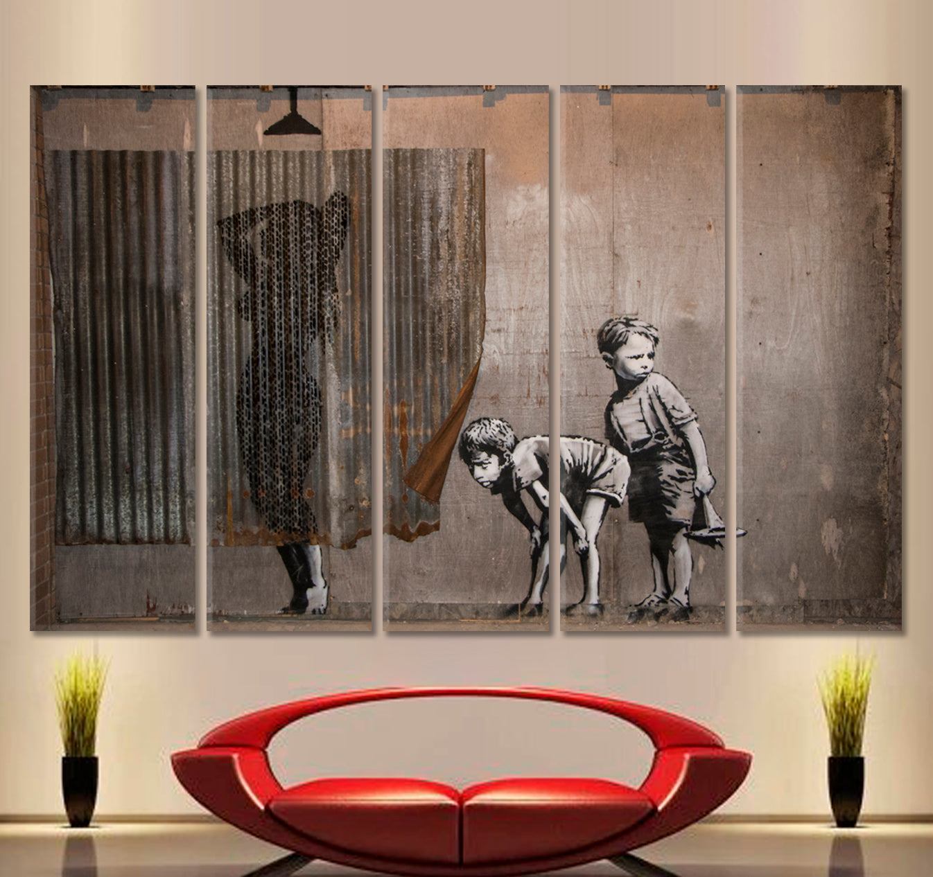 INSPIRED BY BANKSY Boys Spying on a Woman Having a Shower Street Art Canvas Print Street Art Canvas Print Artesty 5 panels 36" x 24" 