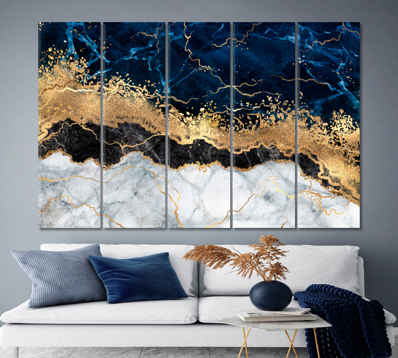 Abstract White Blue Marble Golden Veins Artistic Design Fluid Art, Oriental Marbling Canvas Print Artesty   