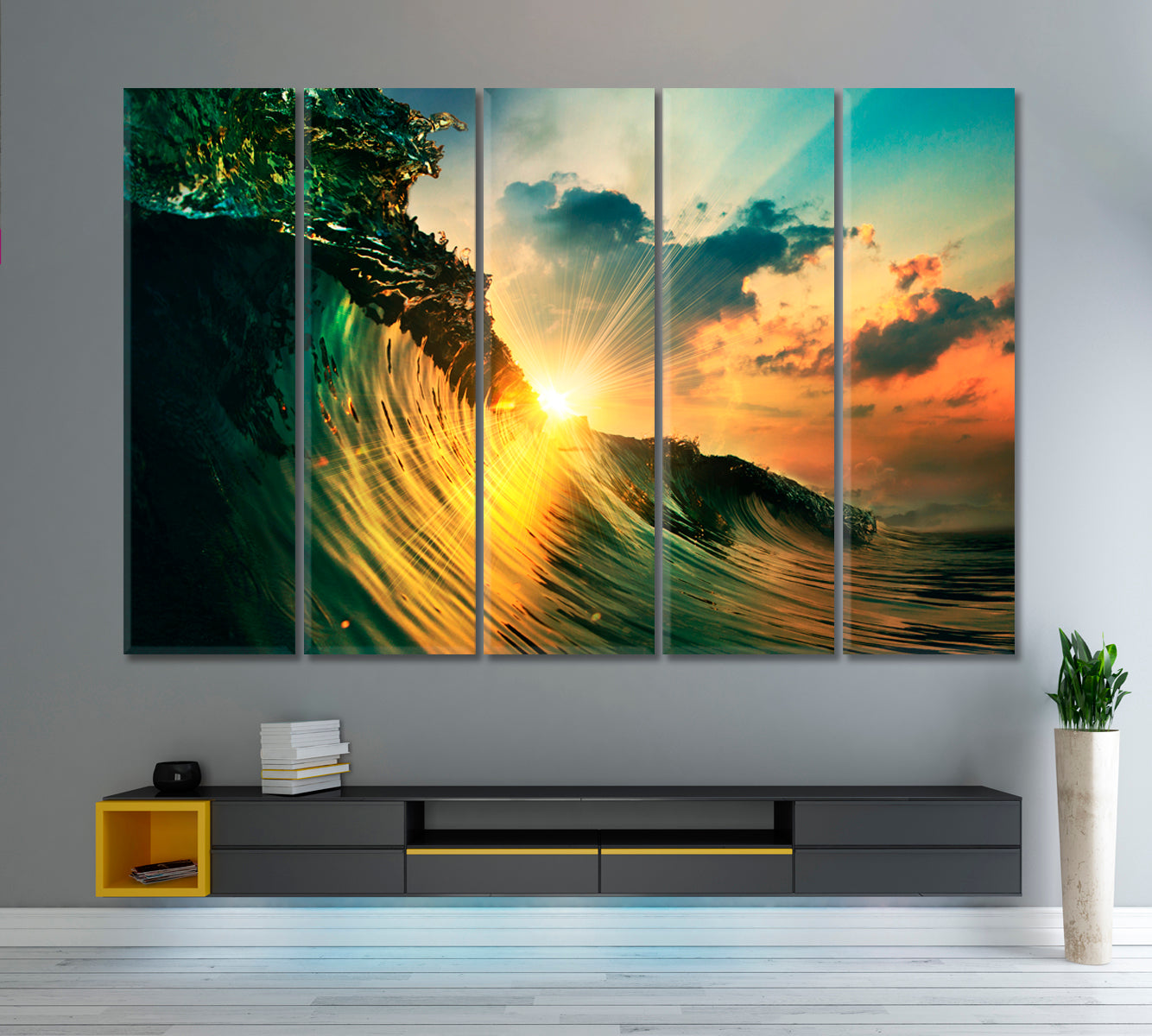 Ocean Wave Falling Down Sunset Time Nautical, Sea Life Pattern Art Artesty 5 panels 36" x 24" 