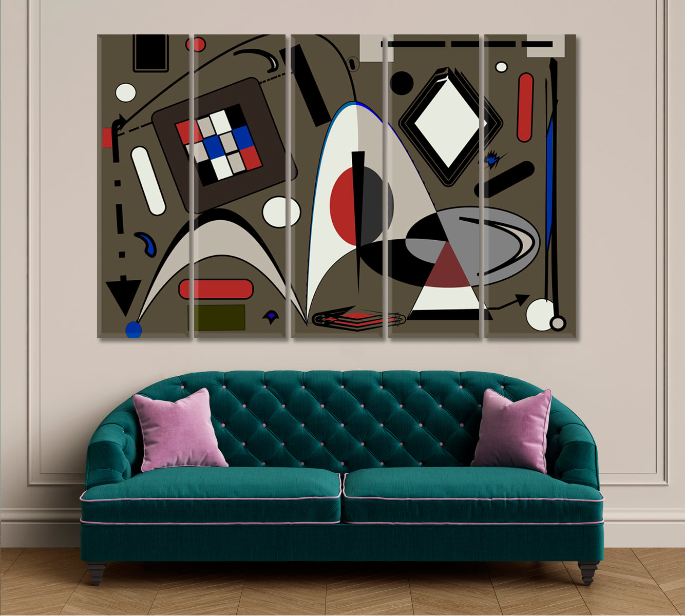 KANDINSKY WORLD Fancy Curved Geometric Shapes Red Brown Tones Abstract Art Print Artesty 5 panels 36" x 24" 