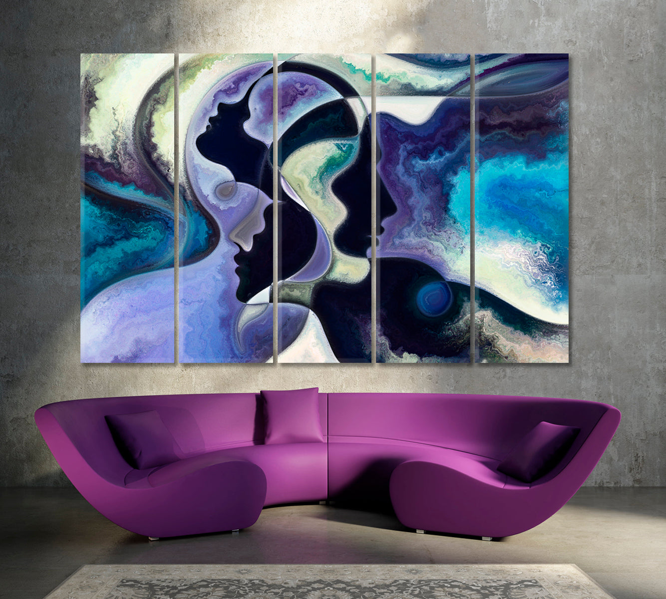 FACES Modern Abstract Expressionism Blue Purple Flowing Curves Abstract Art Print Artesty 5 panels 36" x 24" 