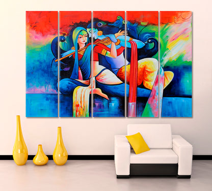 Love of Lord Radha Krishna Flute Hindu Religious Modern Religious Modern Art Artesty 5 panels 36" x 24" 