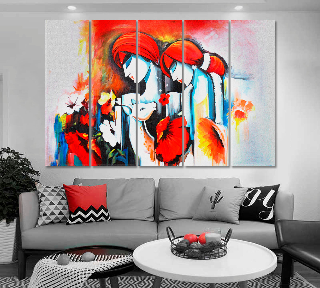 Lord Radha Krishna with Flute Hindu Religious Religious Modern Art Artesty 5 panels 36" x 24" 