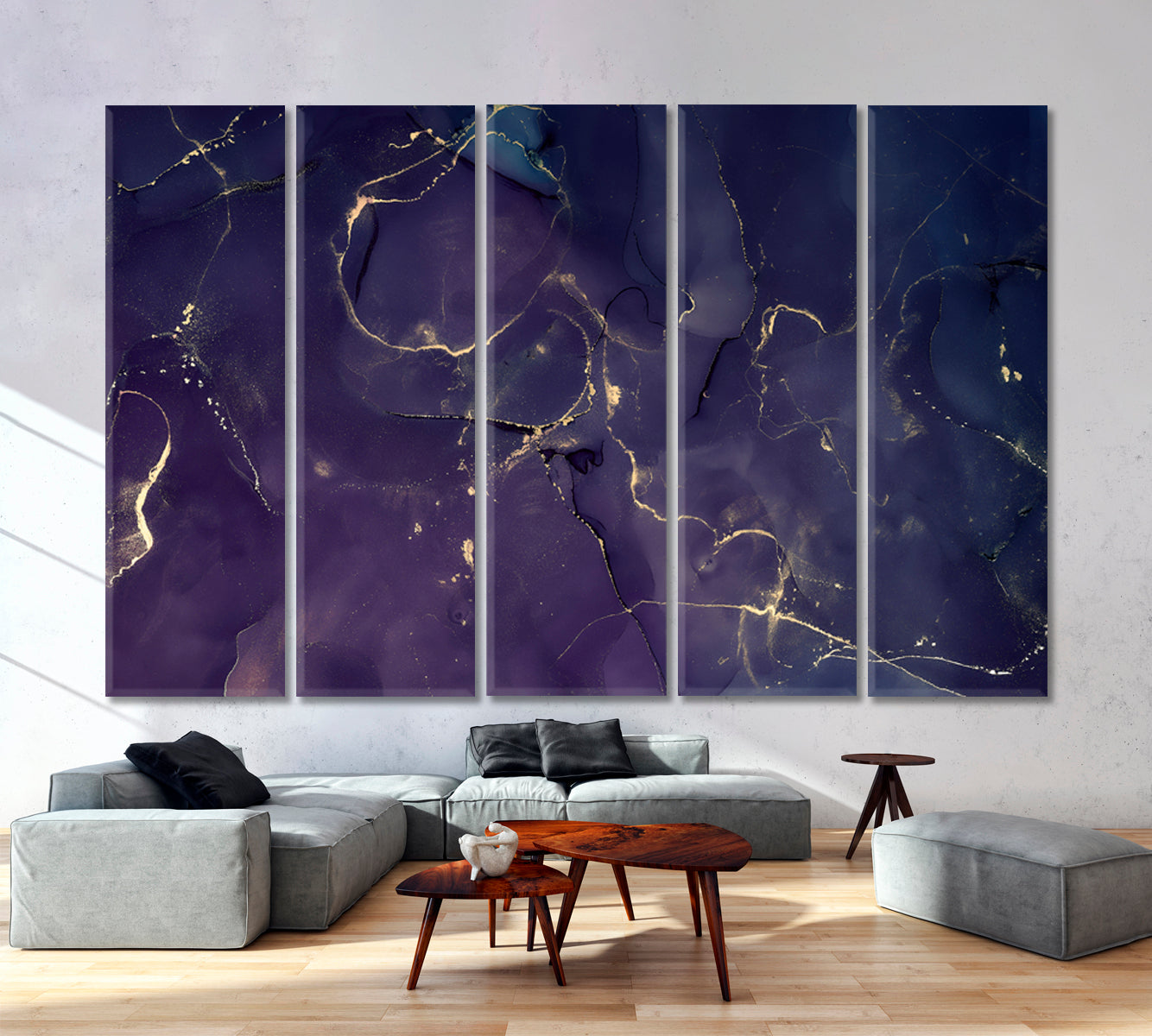 Purple Alcohol Ink Marble Fluid Art, Oriental Marbling Canvas Print Artesty 5 panels 36" x 24" 