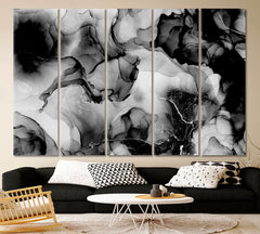 FLUID ART Black and White Abstract Marble Ink Fluid Art, Oriental Marbling Canvas Print Artesty 5 panels 36" x 24" 