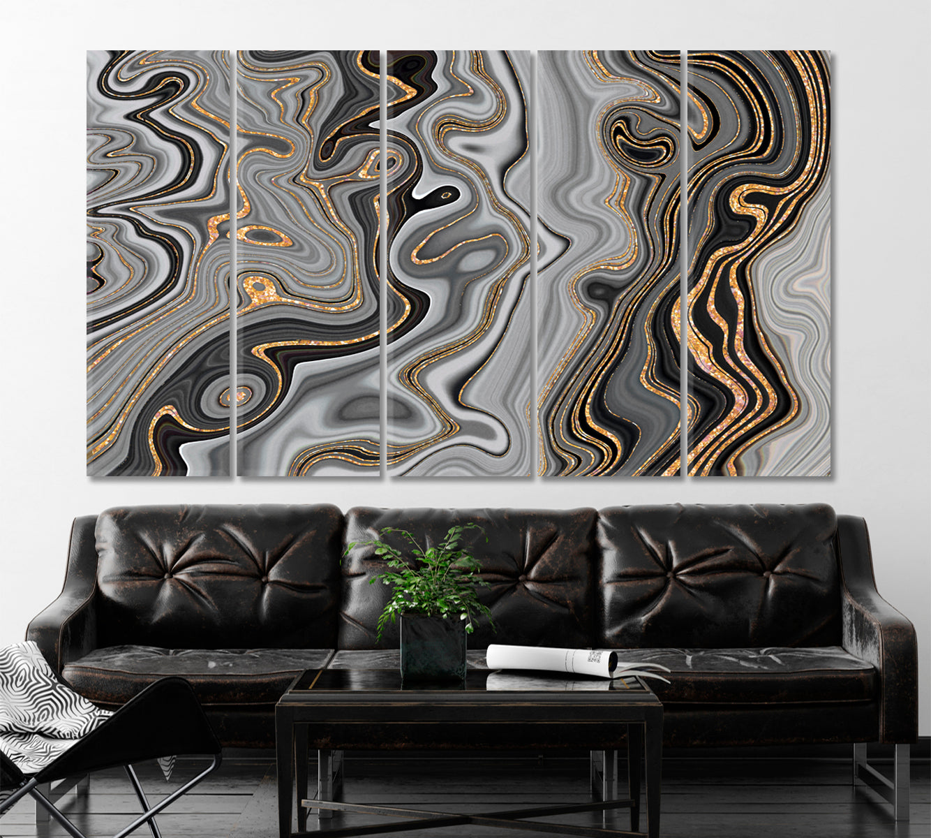 Abstract Gray & Golden Veins Marble Giclée Print Fluid Art, Oriental Marbling Canvas Print Artesty 5 panels 36" x 24" 