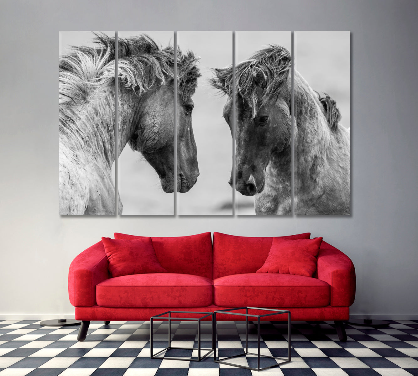 Beautiful Horses Black and White Animals Canvas Print Artesty 5 panels 36" x 24" 