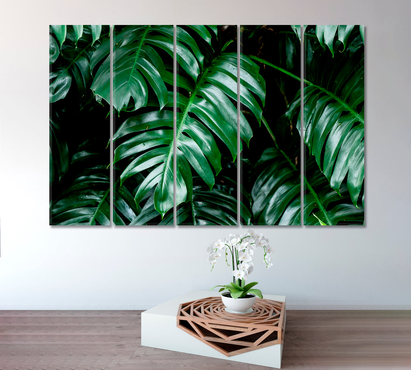 TROPICAL GREEN HOME Tropical Deep Forest Leaves Jungle Green Plant Wet in Rainforest Tropical, Exotic Art Print Artesty 5 panels 36" x 24" 