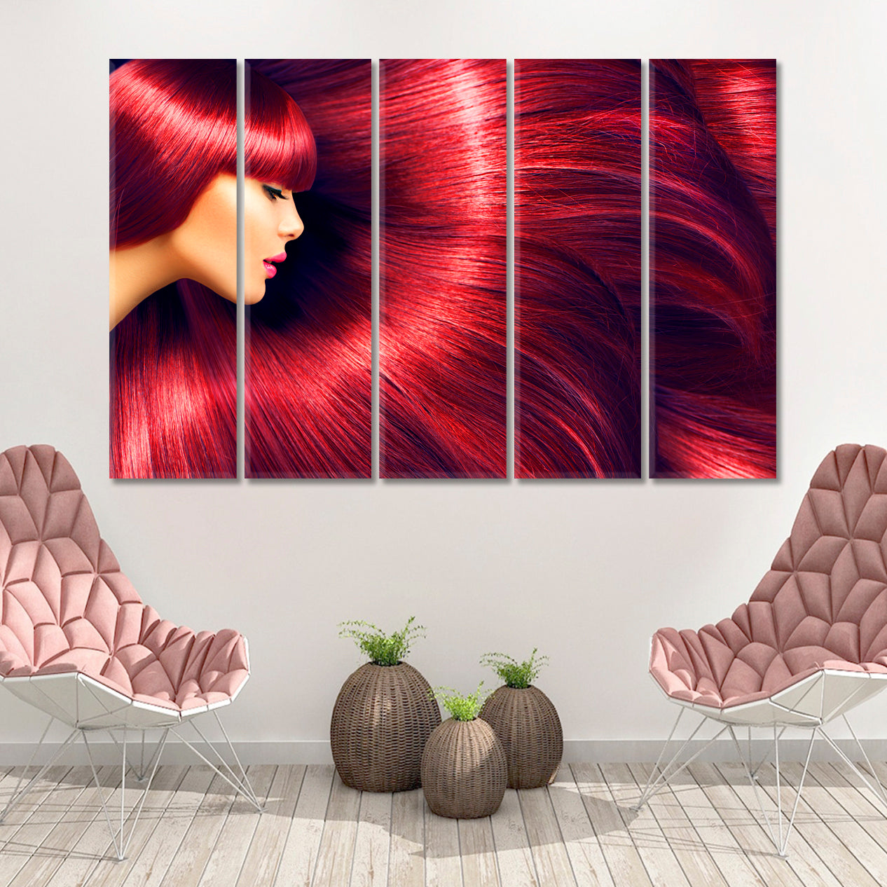 BEAUTY CONCEPT Beautiful Luxurious Long Red Hair Beauty Salon Artwork Prints Artesty 5 panels 36" x 24" 