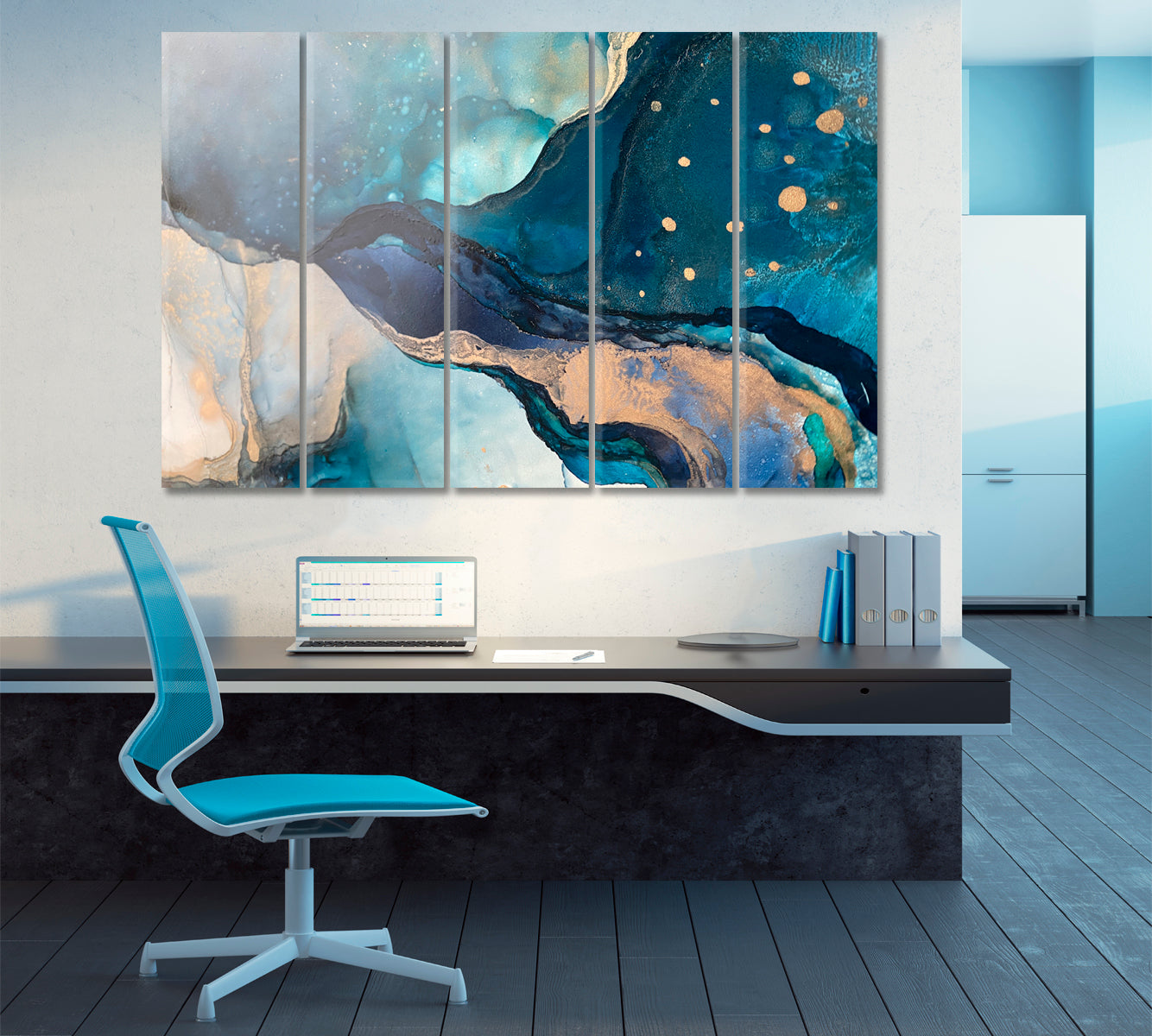 MARBLE VEINING Translucent Blue Fluid Art Golden Veins Suminagashi Office Wall Art Canvas Print Artesty   