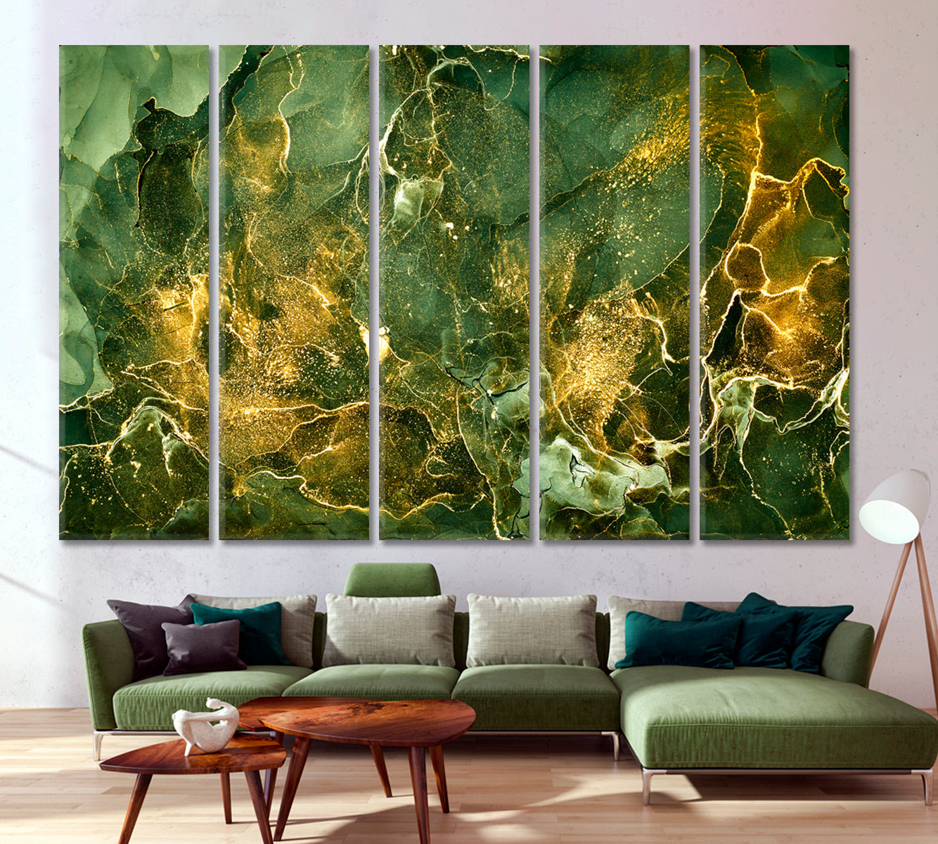PEPPER STEAM Ink Pattern Trendy Green Bright Soothing Color Nature Inspiration Fluid Art, Oriental Marbling Canvas Print Artesty 5 panels 36" x 24" 