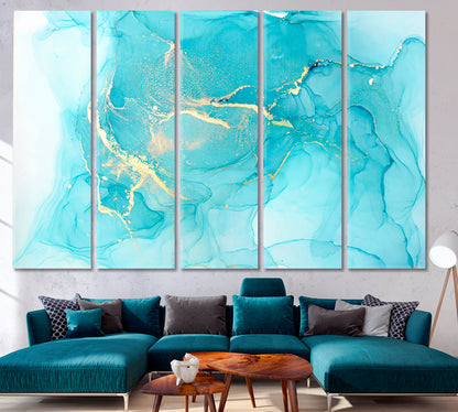 BLUE FROSTED MINT Marble Ink Color Pattern Creation Fluid Art, Oriental Marbling Canvas Print Artesty 5 panels 36" x 24" 