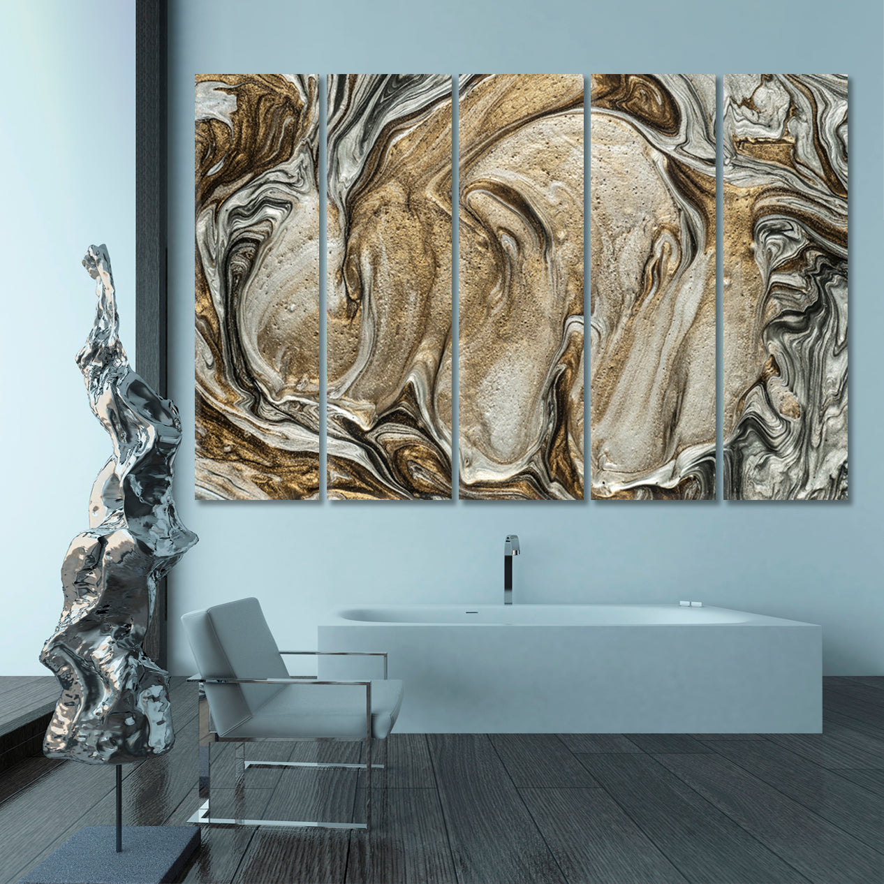 EBRU Golden Glossy Effect Grey Brown Marble Abstract Pattern Modern Fluid Art, Oriental Marbling Canvas Print Artesty   