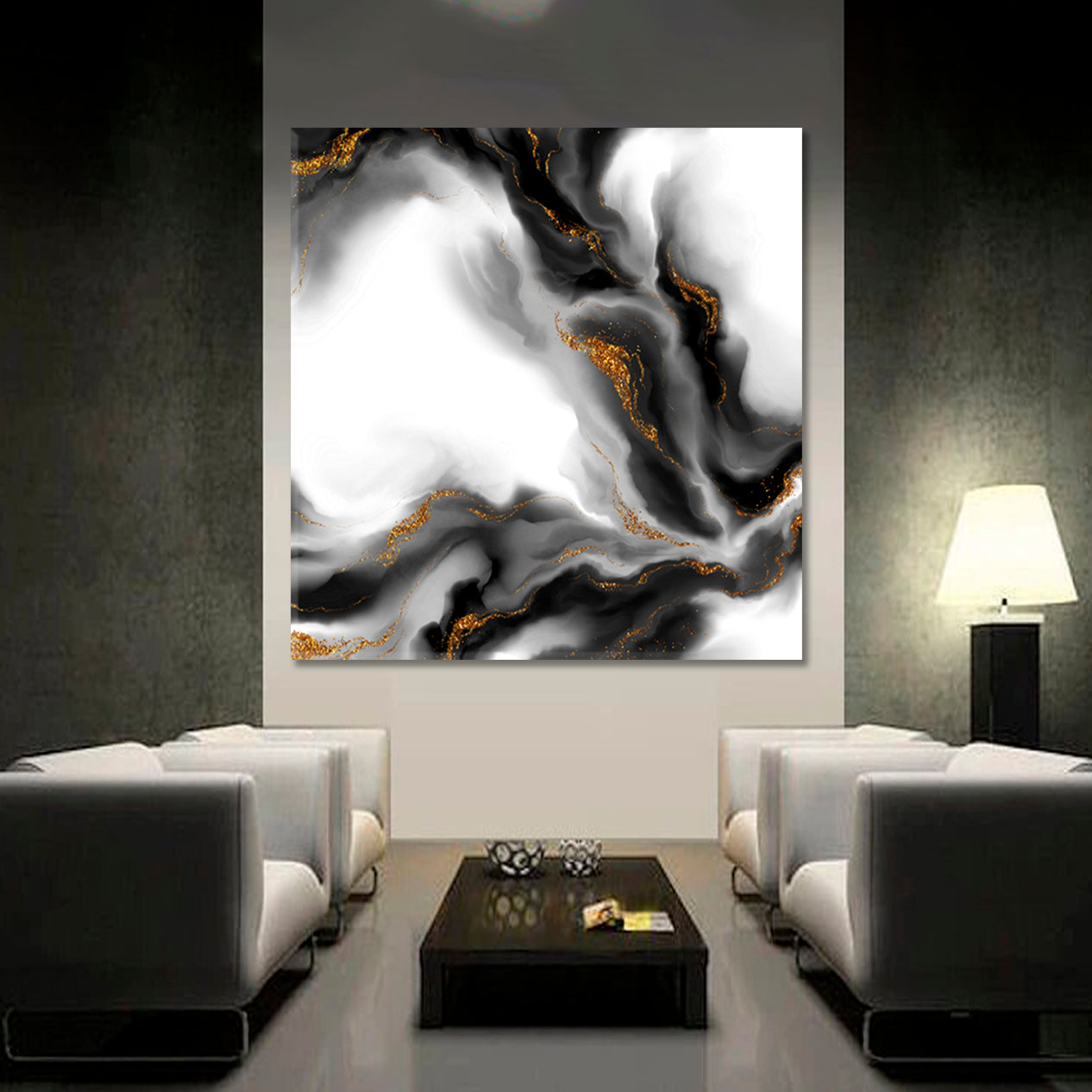 Black and White Marble Beautiful Trendy Art  - Square Panel Fluid Art, Oriental Marbling Canvas Print Artesty   