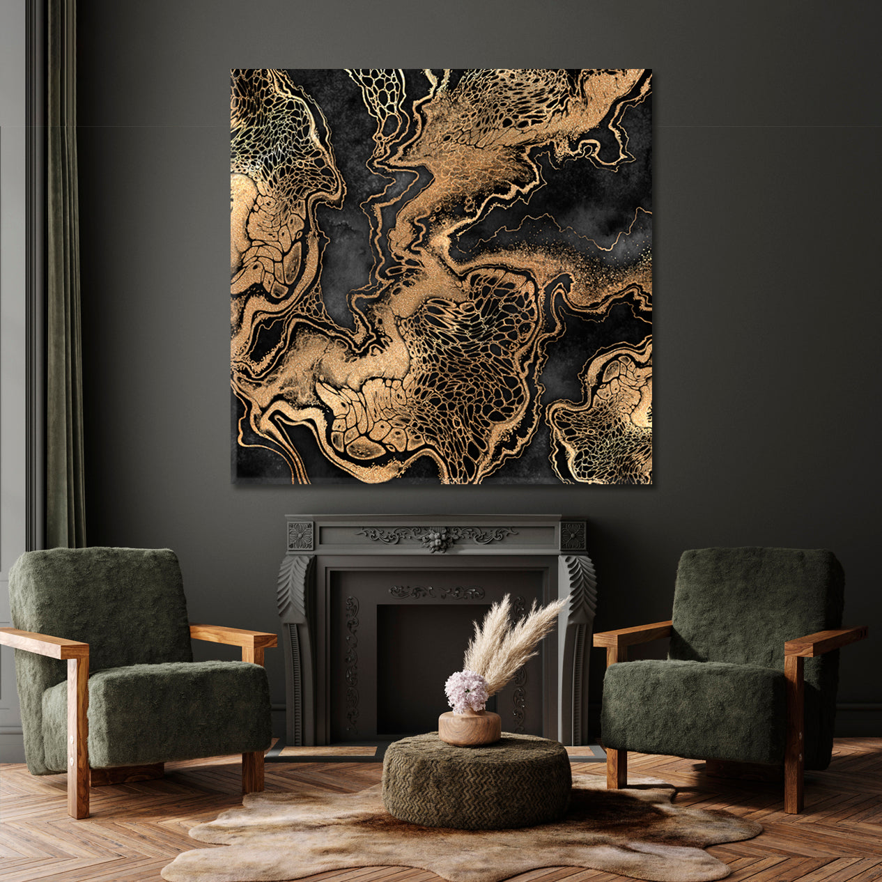 BLACK WITH GOLD EFFECT Marble Swirls Luxury Pattern Trendy Canvas Print - Square Abstract Art Print Artesty   