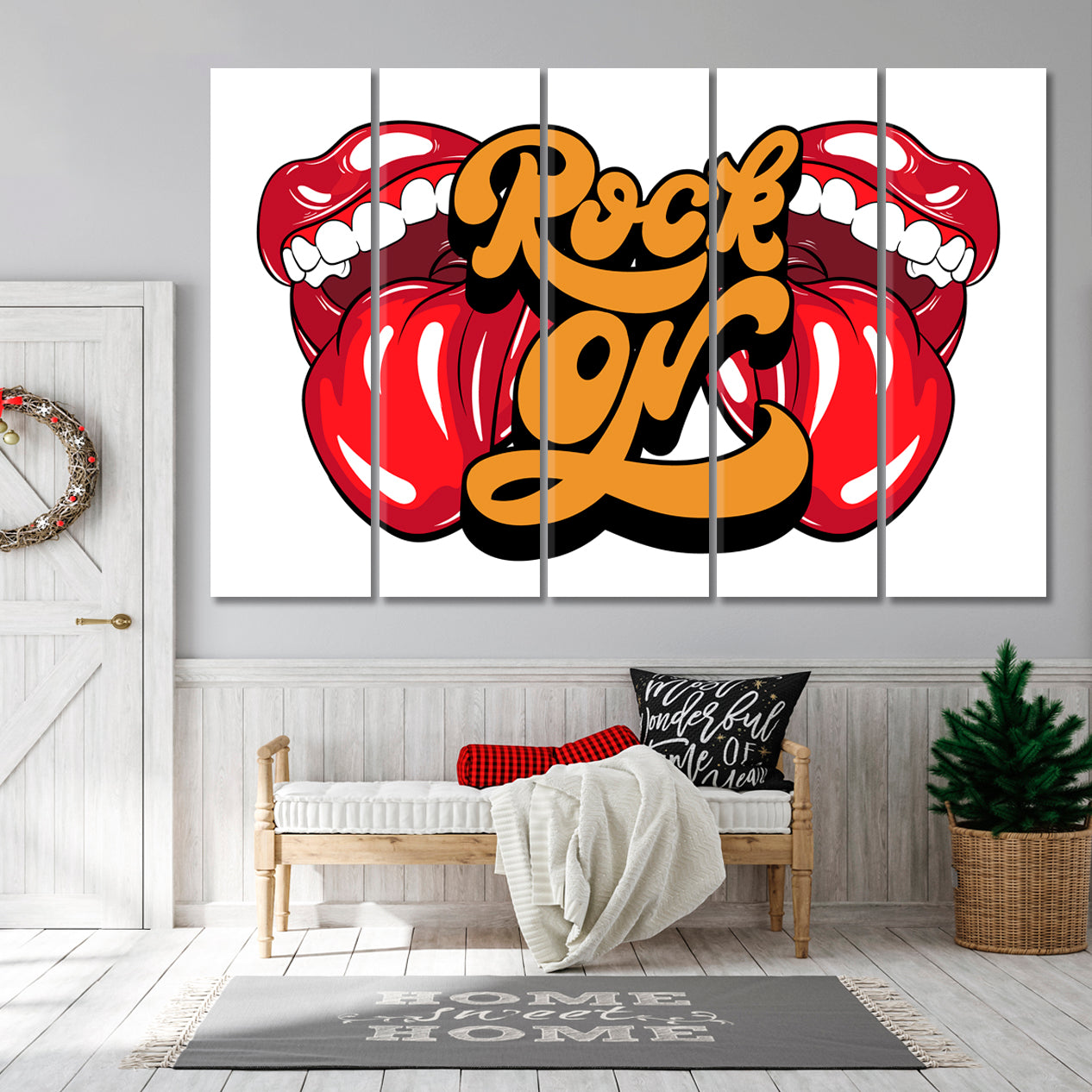 ROCK ON Rolling Stones Tongue Lips Open Mouth Rock And Roll Poster Pop Art Canvas Print Artesty 5 panels 36" x 24" 