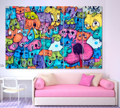 MONTREAL CANADA Street Art Montreal Cats Vibrant Graffiti Canvas Print Abstract Art Print Artesty 5 panels 36" x 24" 