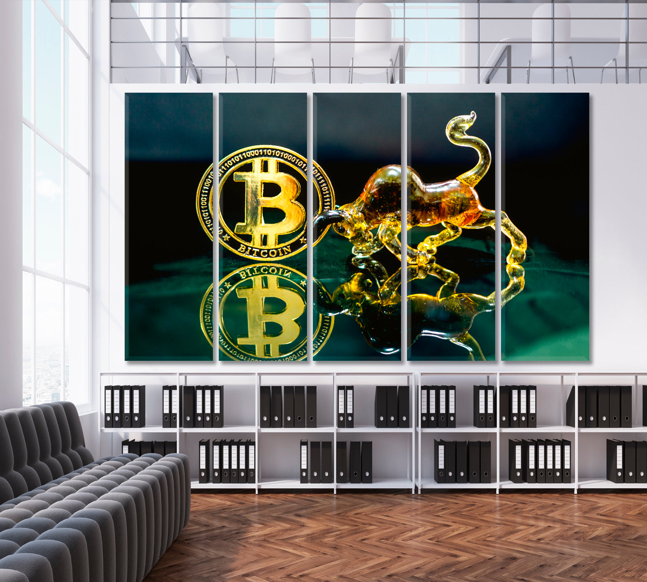 Bitcoin and Bull Business Concept Wall Art Artesty 5 panels 36" x 24" 