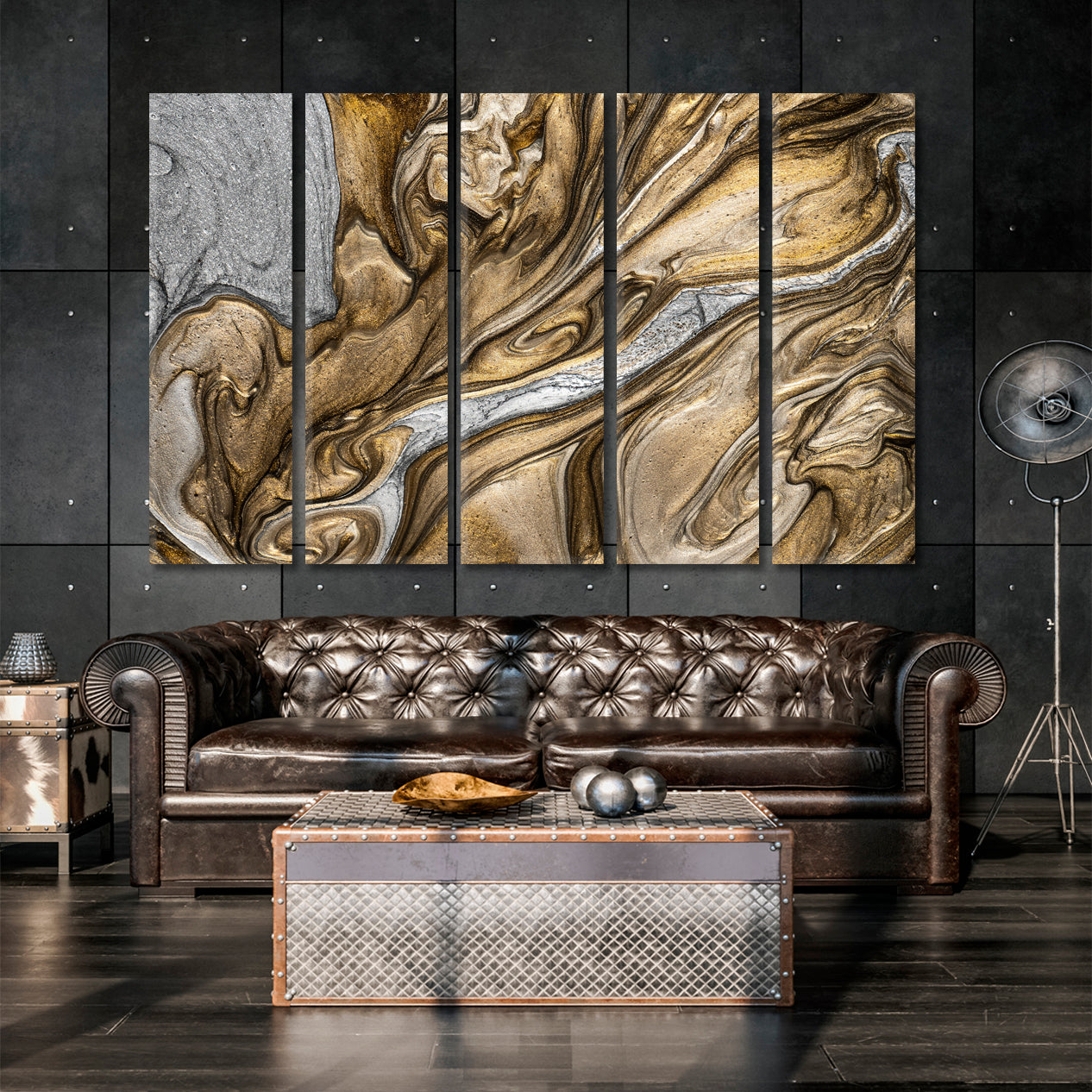 Ancient Oriental Abstract Marble Golden Ripple Effect Fluid Art Brown Grey Fluid Art, Oriental Marbling Canvas Print Artesty 5 panels 36" x 24" 