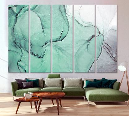 GREEN ASH Beautiful Soft Alcohol Ink Modern Marble Veins Fluid Pattern Fluid Art, Oriental Marbling Canvas Print Artesty 5 panels 36" x 24" 