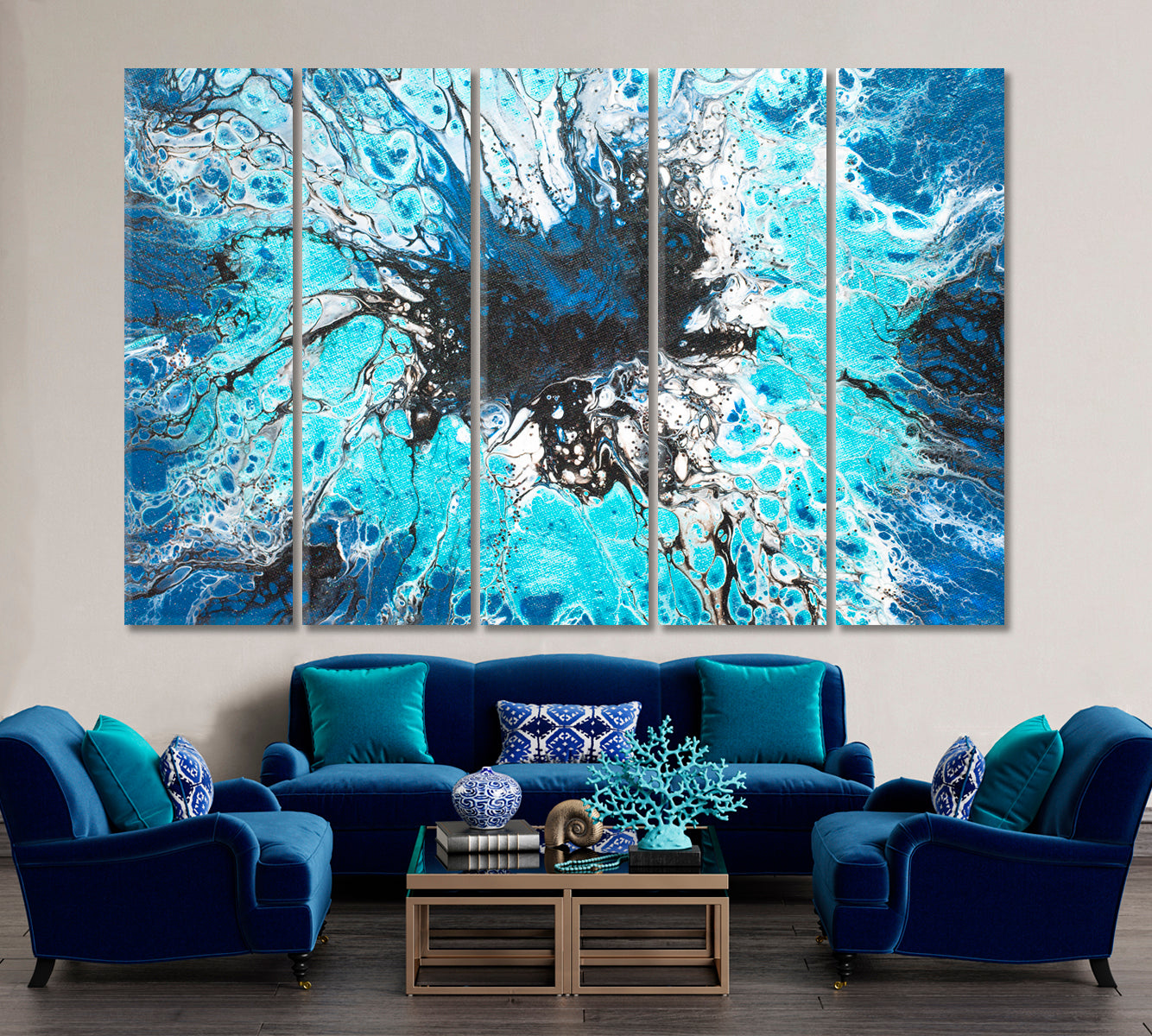 Vibrant Blue Turquoise Black Stains Abstract Geode Resin Painting Fluid Art, Oriental Marbling Canvas Print Artesty 5 panels 36" x 24" 