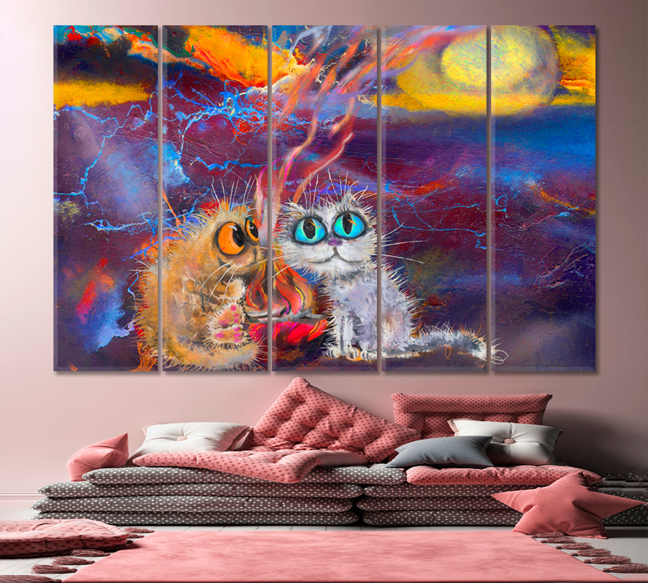 Two Kitten By the Fire Funny Cats Big Eyes Whimsical Animals Canvas Print Animals Canvas Print Artesty 5 panels 36" x 24" 