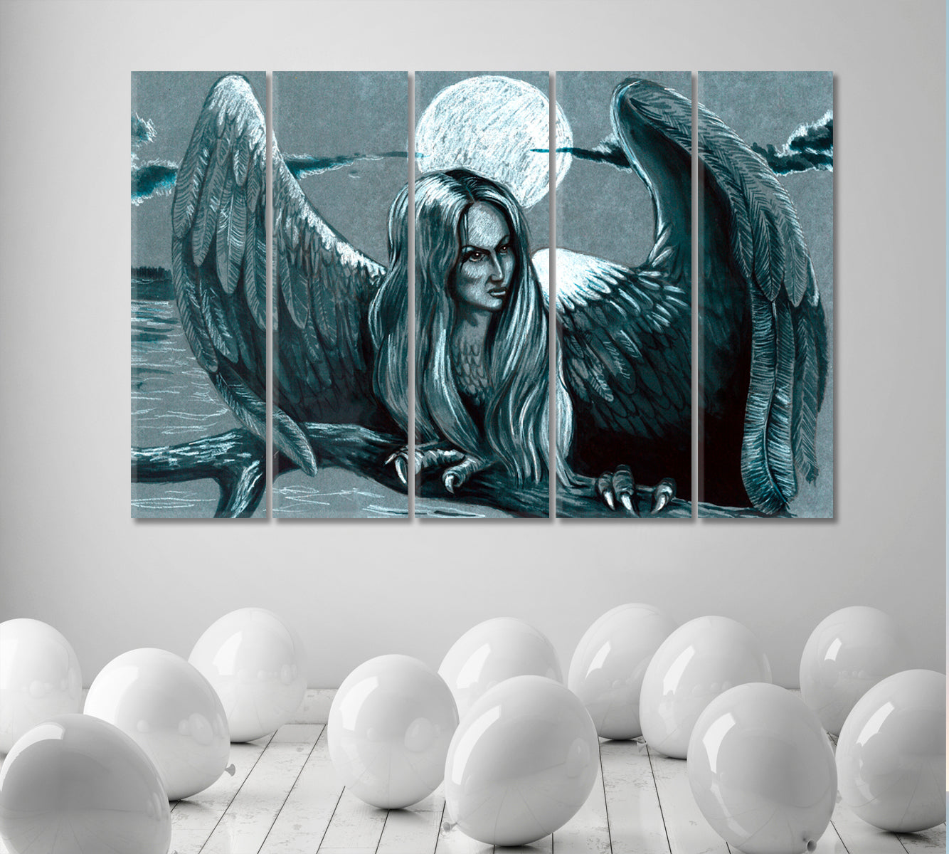 SIRENS Siren Ancient Greek Myth Sirin Bird Women Mithologocal Creatures Odysseus Half Woman Fine Art Artesty 5 panels 36" x 24" 