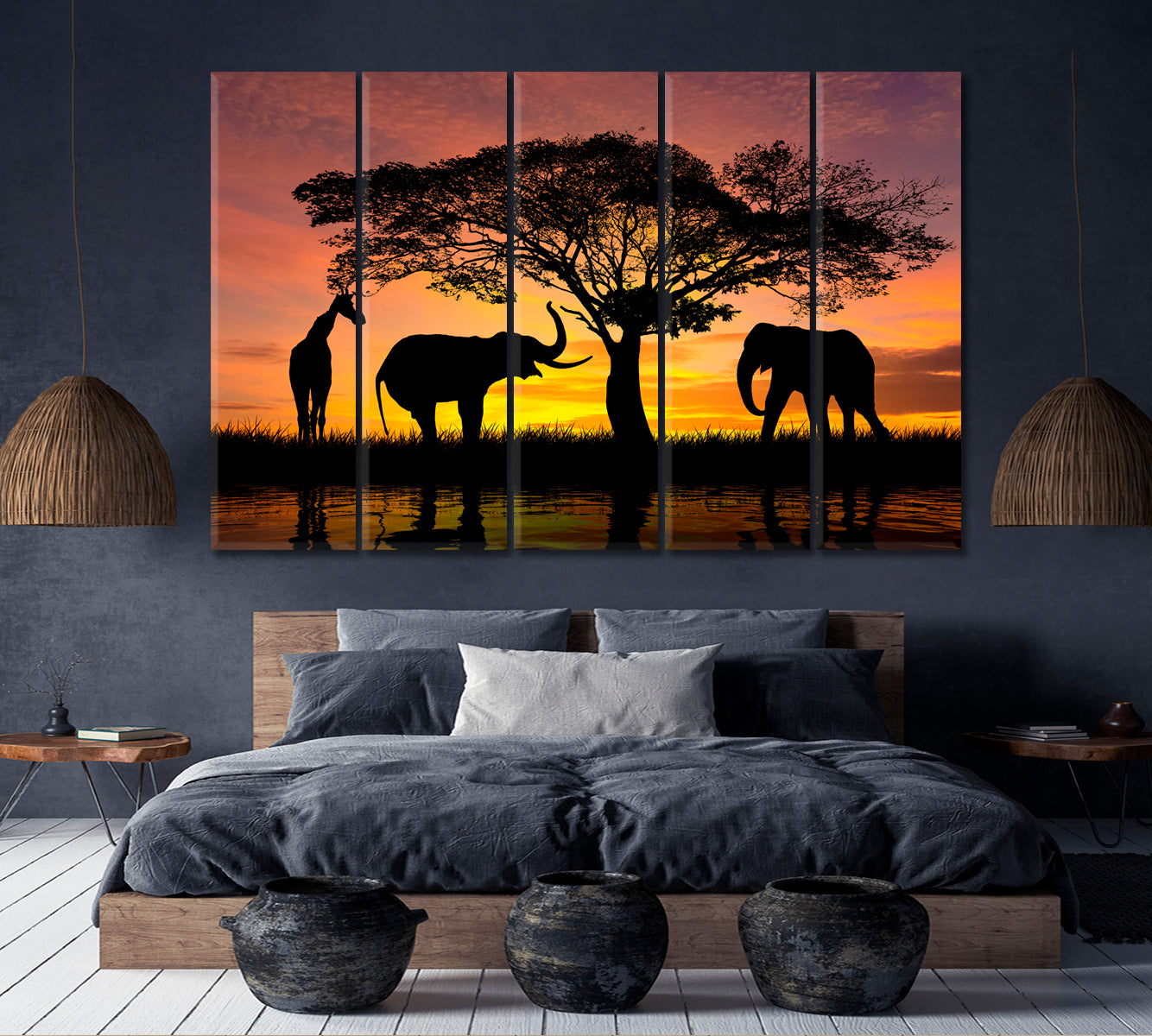 AFRICA SAFARI Savannah Sunset Scenery Countries Canvas Print Artesty 5 panels 36" x 24" 