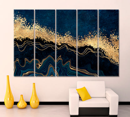 Abstract Dark Blue with Golden Effect Marble Artistic Design Giclée Print Contemporary Art Artesty 5 panels 36" x 24" 