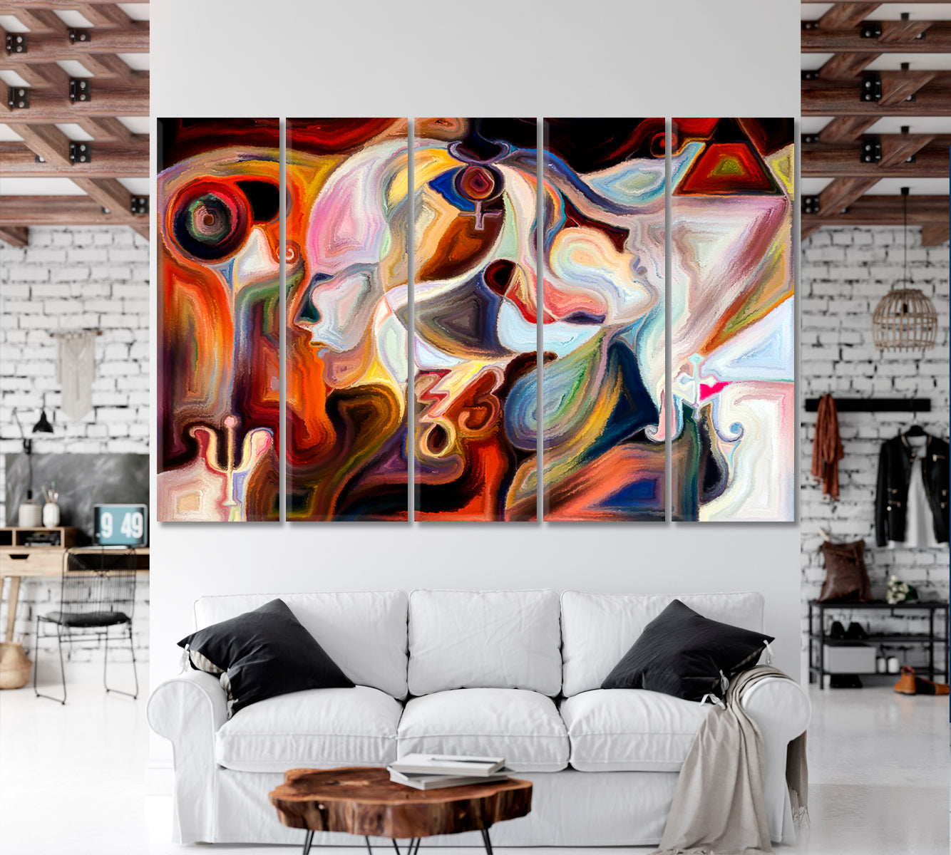 Inner Colors. Human Profile And Colorful Vivid Paint Shapes Abstract Design Contemporary Art Artesty 5 panels 36" x 24" 