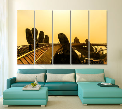 Golden Bridge Lifted by Two Giant Hands Ba Na mountain Hill in Danang Vietnam Famous Landmarks Artwork Print Artesty 5 panels 36" x 24" 